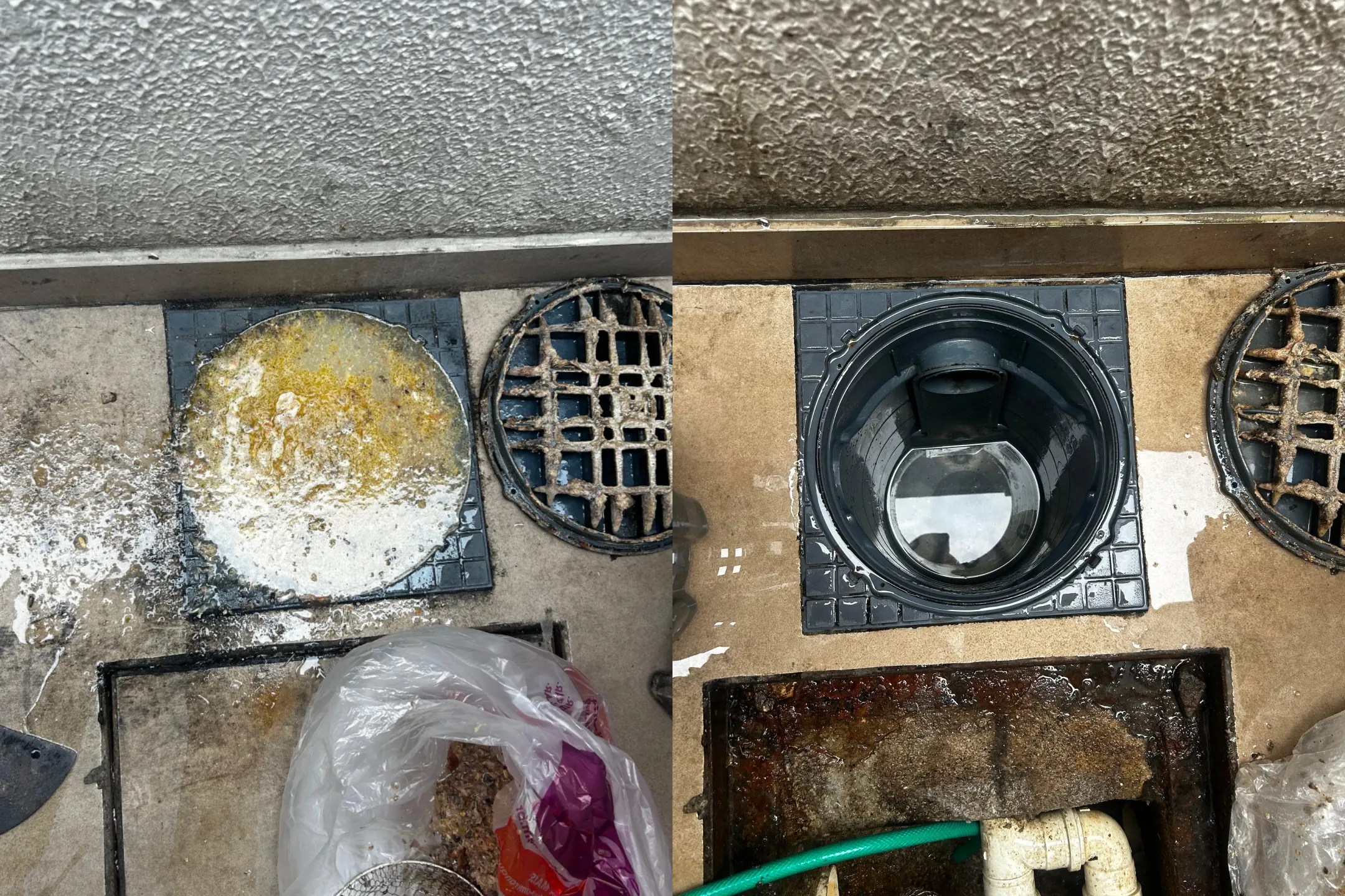 Imagem dividida ao meio comparando o antes e depois da limpeza de uma caixa de gordura. À esquerda, a caixa está obstruída, coberta por uma camada espessa de resíduos orgânicos e gordura amarelada. À direita, a mesma caixa aparece limpa, vazia e com o recipiente interno desobstruído, revelando a estrutura plástica preta instalada no piso, após a conclusão do serviço de desentupimento.