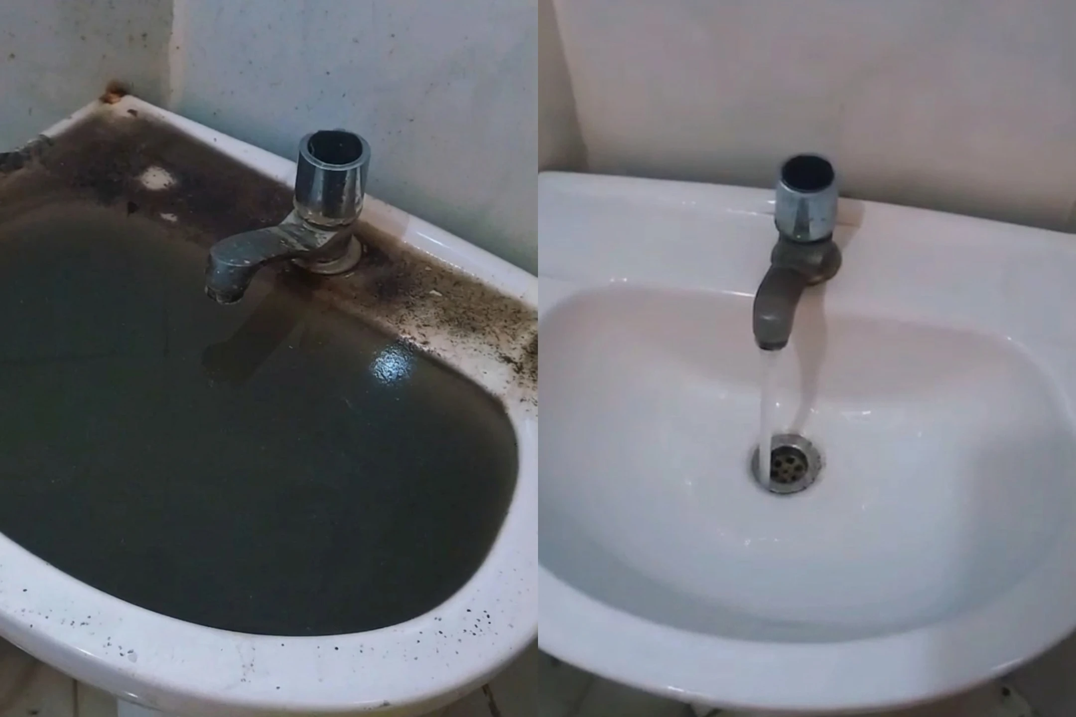 Imagem composta por dois quadros mostrando o resultado de um serviço de desentupimento de pia. À esquerda (antes), a pia está obstruída, cheia de água suja e com acúmulo de sujeira nas bordas. À direita (depois), a mesmo pia aparece limpa e funcional, com a água escoando normalmente pelo ralo após a desobstrução.
